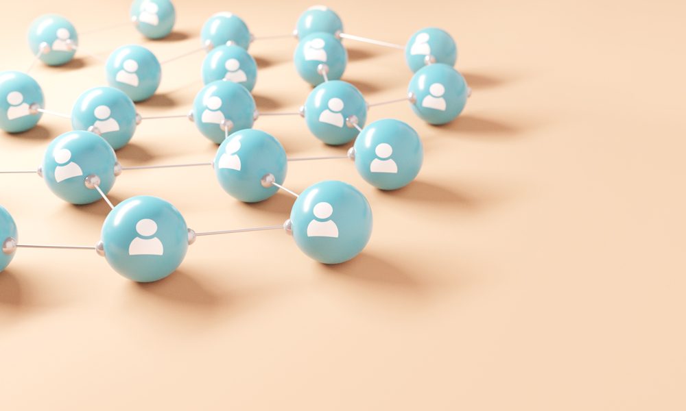 Connecting people and communication concept, social network. People icon connected together on blue background. Teamwork, 3d render. Copy space.